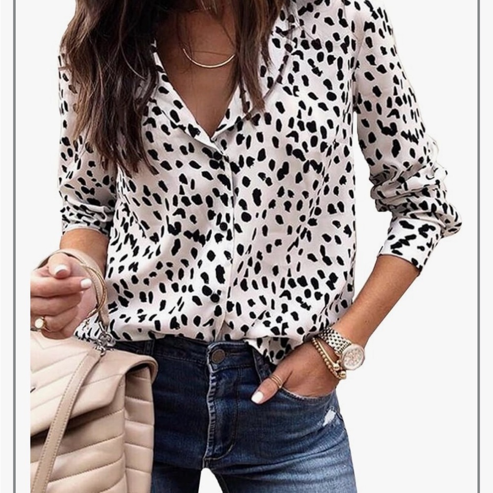 White with black spot button up business casual top.